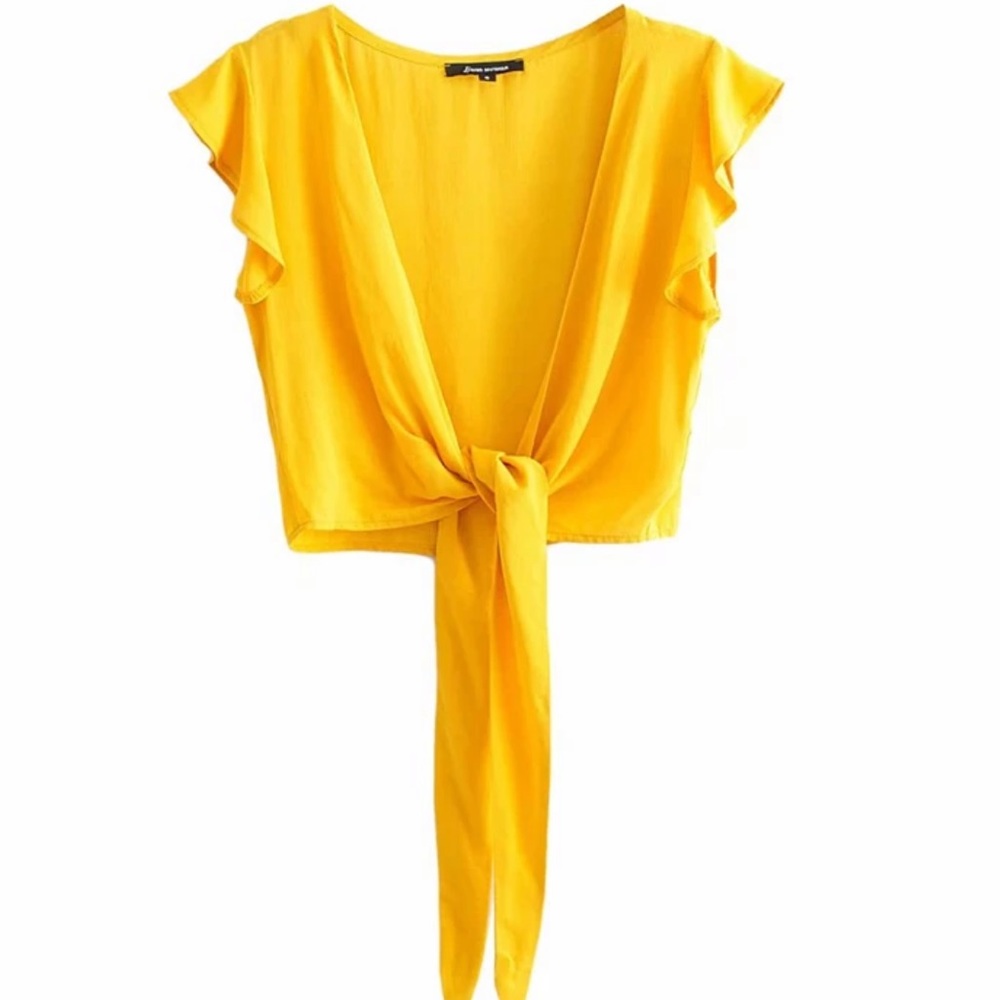 Boho yellow knotted crop top gypsy shirt flutter - Picture 2 of 5